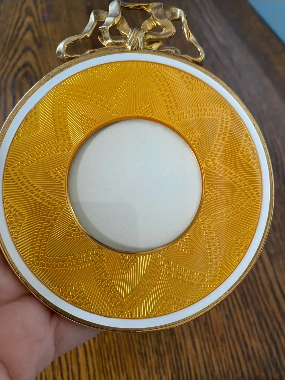 Vintage MMA- HM Guilloche Gold Yellow Enamel Photo Frame Round Brass Bow